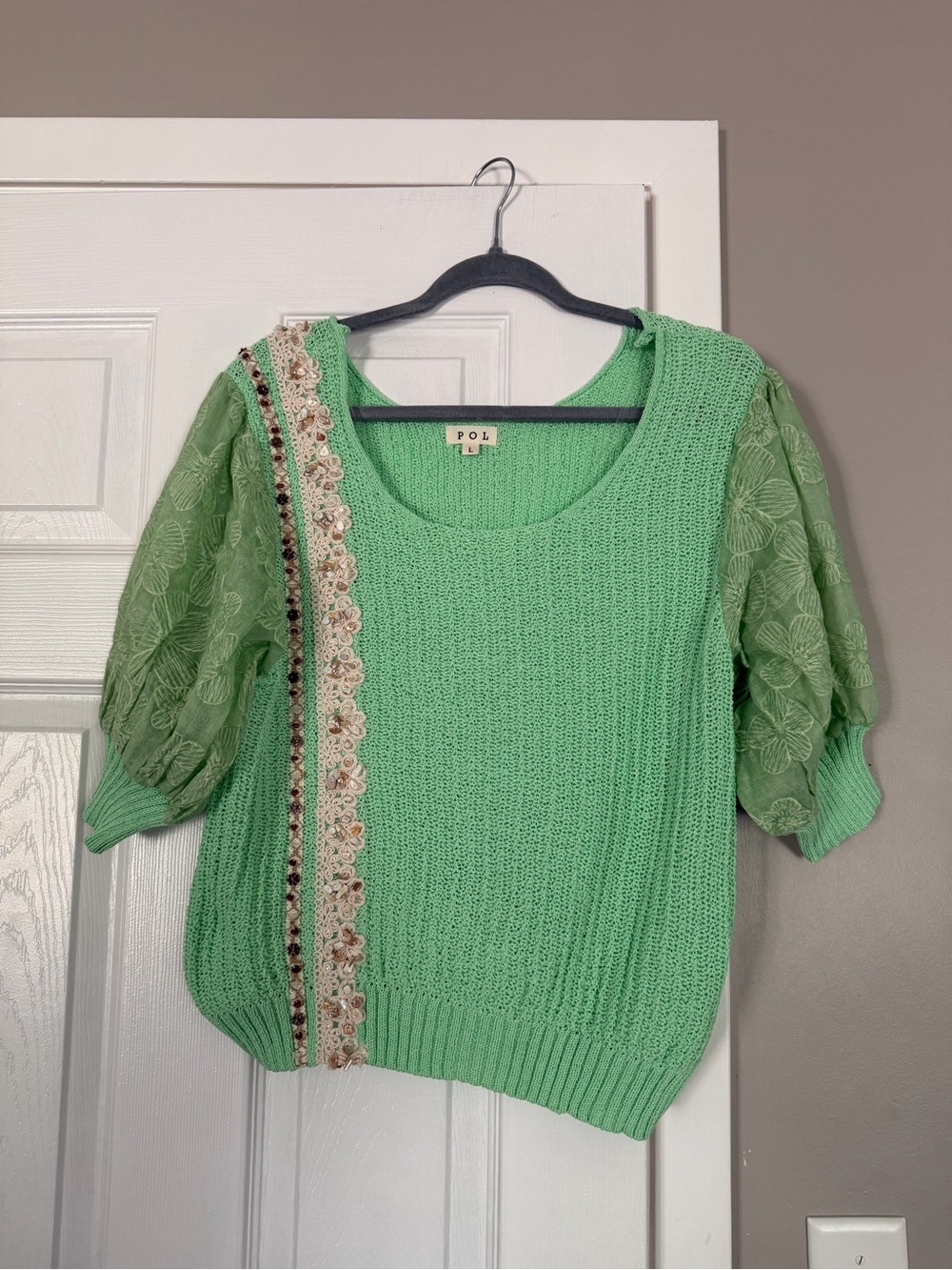 POL Mint Green Puff-Sleeve Knit Top with Lace Trim